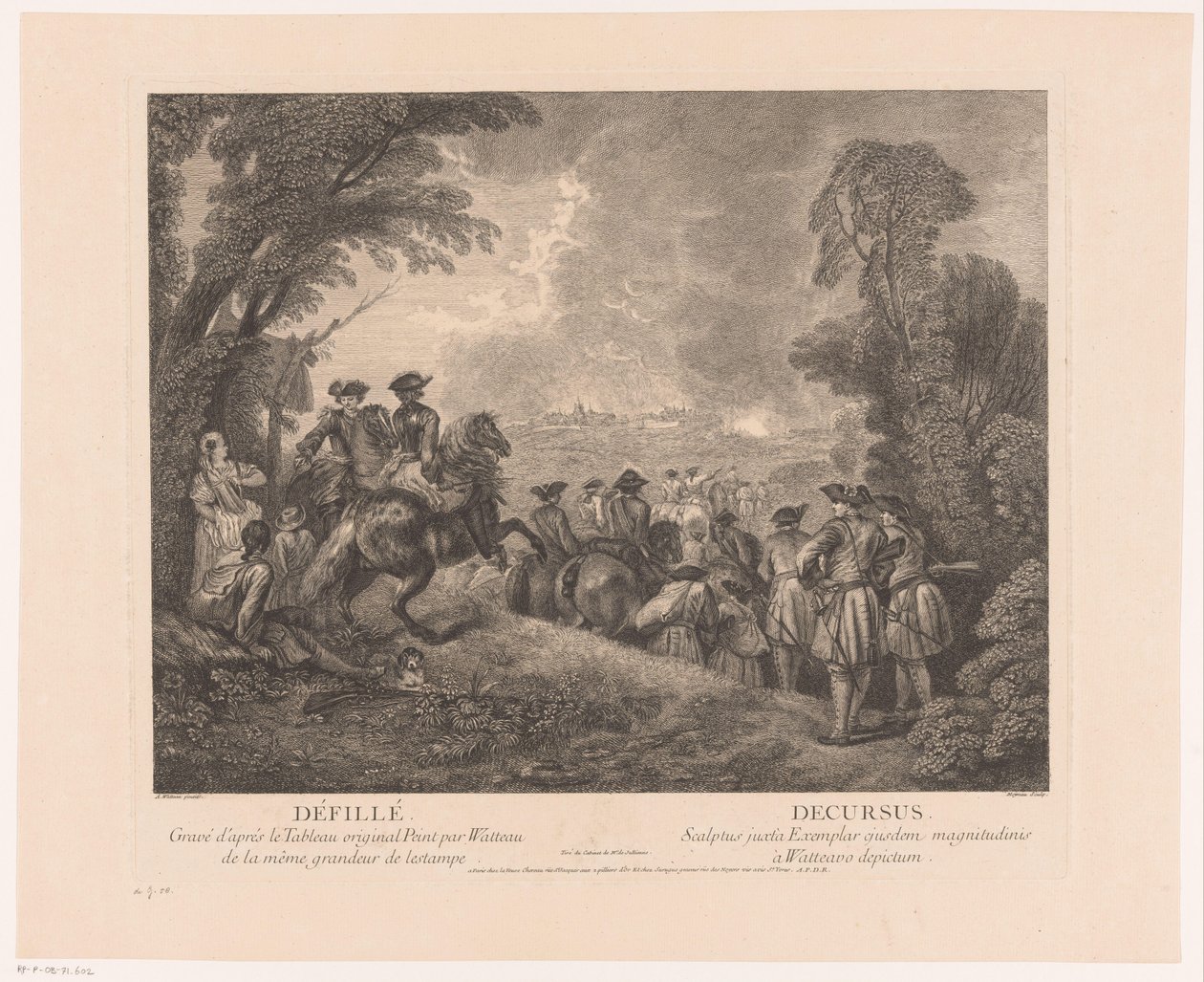 Průvod s vojáky na cestě do města Défillé - Decursus (název na objektu) Díla Antoina Watteaua (název série) Dílo Antoine Watteau, peintre du roy en son Academie roïale de peinture et sculpture (...) (název série) od Jean Moyreau