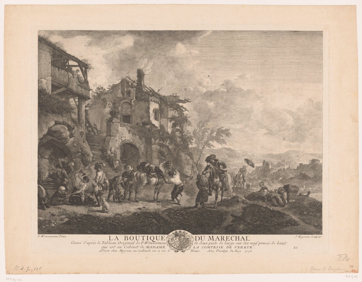 Cestovatelé u kováře La boutique du marechal (název na objektu) Tisky po obrazech od Philipse Wouwermana (název série) Oeuvres de Ph.pe Wouwermans Hollandois (název série) od Jean Moyreau