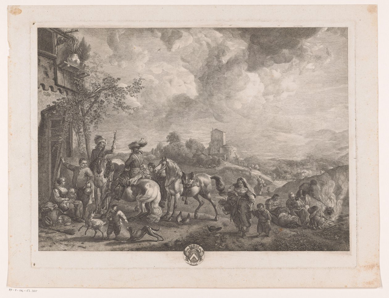 Cestovatelé za hostincem Les Bohemians Tisky po obrazech od Philipse Wouwermana (název série) Oeuvres de Ph.pe Wouwermans Hollandois (název série) od Jean Moyreau
