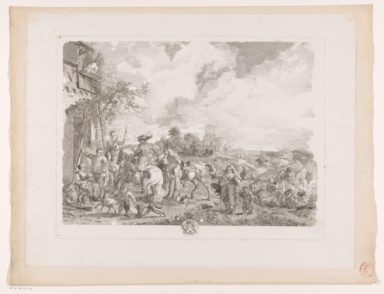 Cestovatelé za hostincem Les Bohemians Tisky po obrazech od Philipse Wouwermana (název série) Oeuvres de Ph.pe Wouwermans Hollandois (název série) od Jean Moyreau