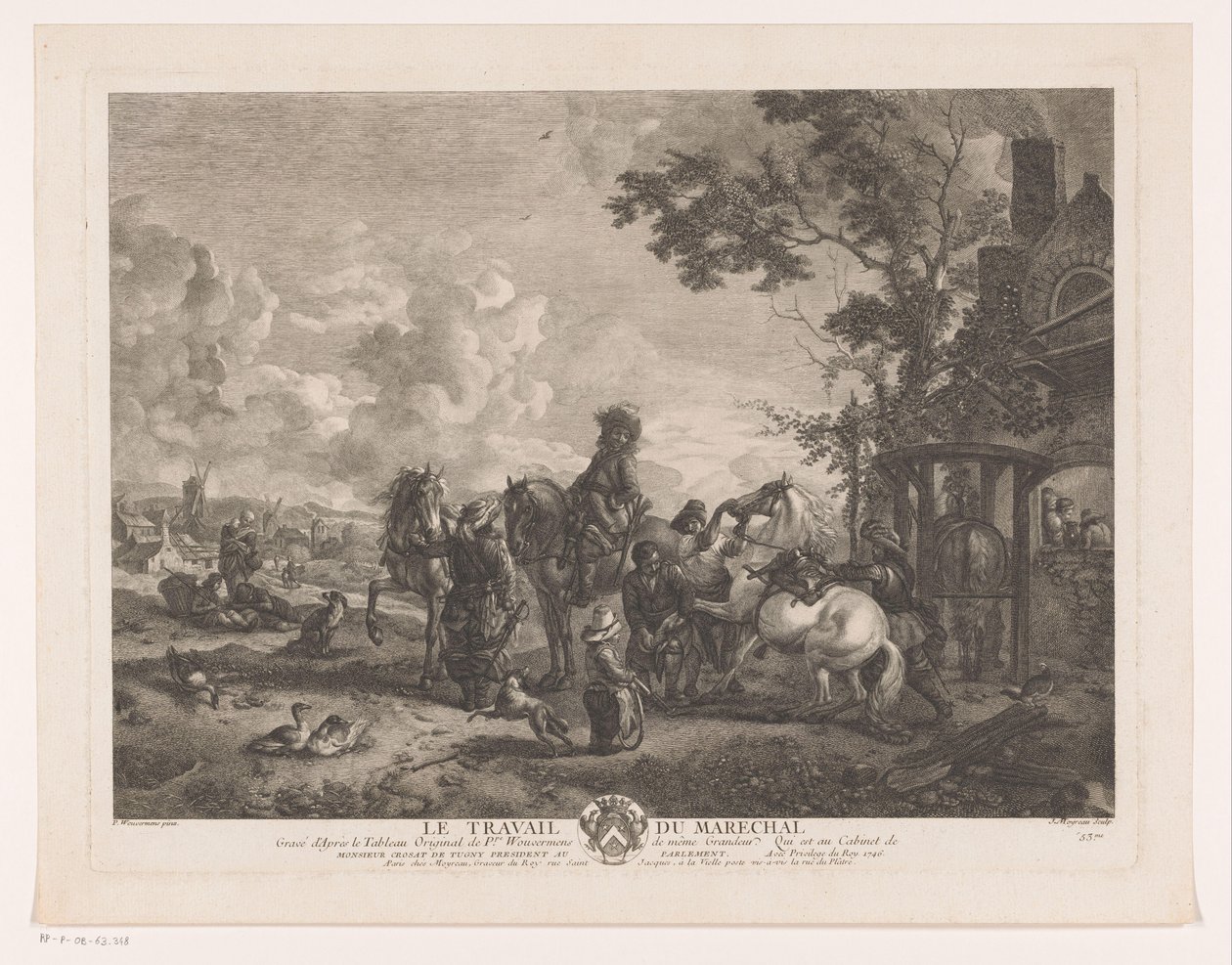 Jezdci u podkováře Le Travail du Marechal (název na objektu) Tisky po obrazech od Philipse Wouwermana (název série) Oeuvres de Ph.pe Wouwermans Hollandois (název série) od Jean Moyreau
