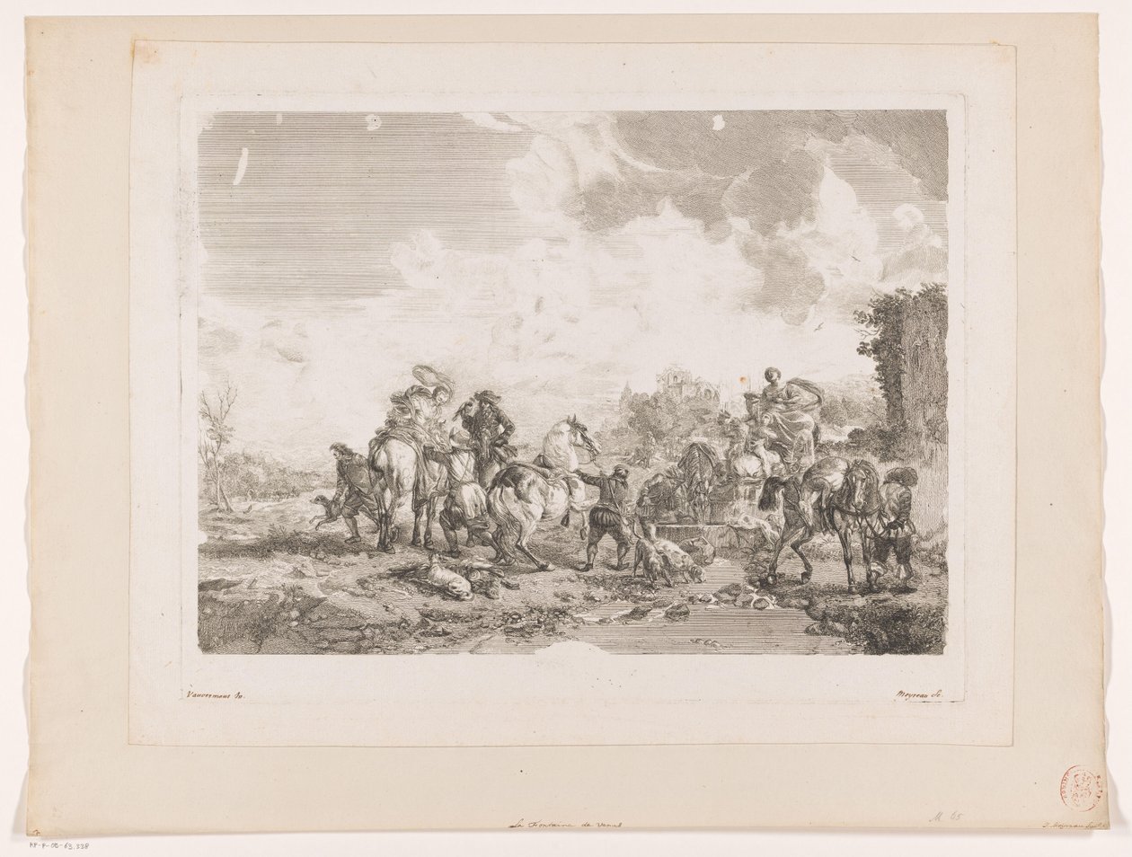 Odpočinková lovecká párty u fontány La Fontaine de Venus Tisky po obrazech od Philipse Wouwermana (název série) Oeuvres de Ph.pe Wouwermans Hollandois (název série) od Jean Moyreau