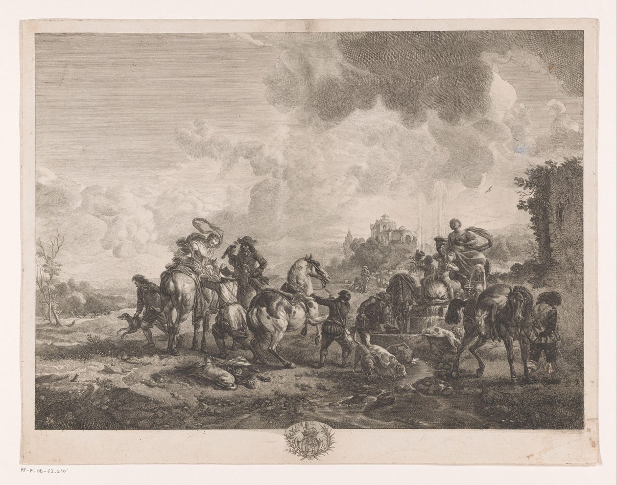 Odpočinková lovecká párty u fontány La Fontaine de Venus Tisky po obrazech od Philipse Wouwermana (název série) Oeuvres de Ph.pe Wouwermans Hollandois (název série) od Jean Moyreau