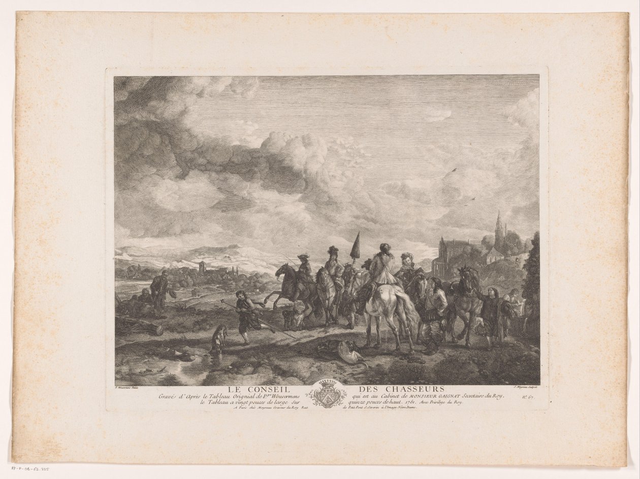 Odpočinková lovecká párty v krajině Le Conseil des Chasseurs (název na objektu) Tisky po obrazech od Philipse Wouwermana (název série) Oeuvres de Ph.pe Wouwermans Hollandois (název série) od Jean Moyreau