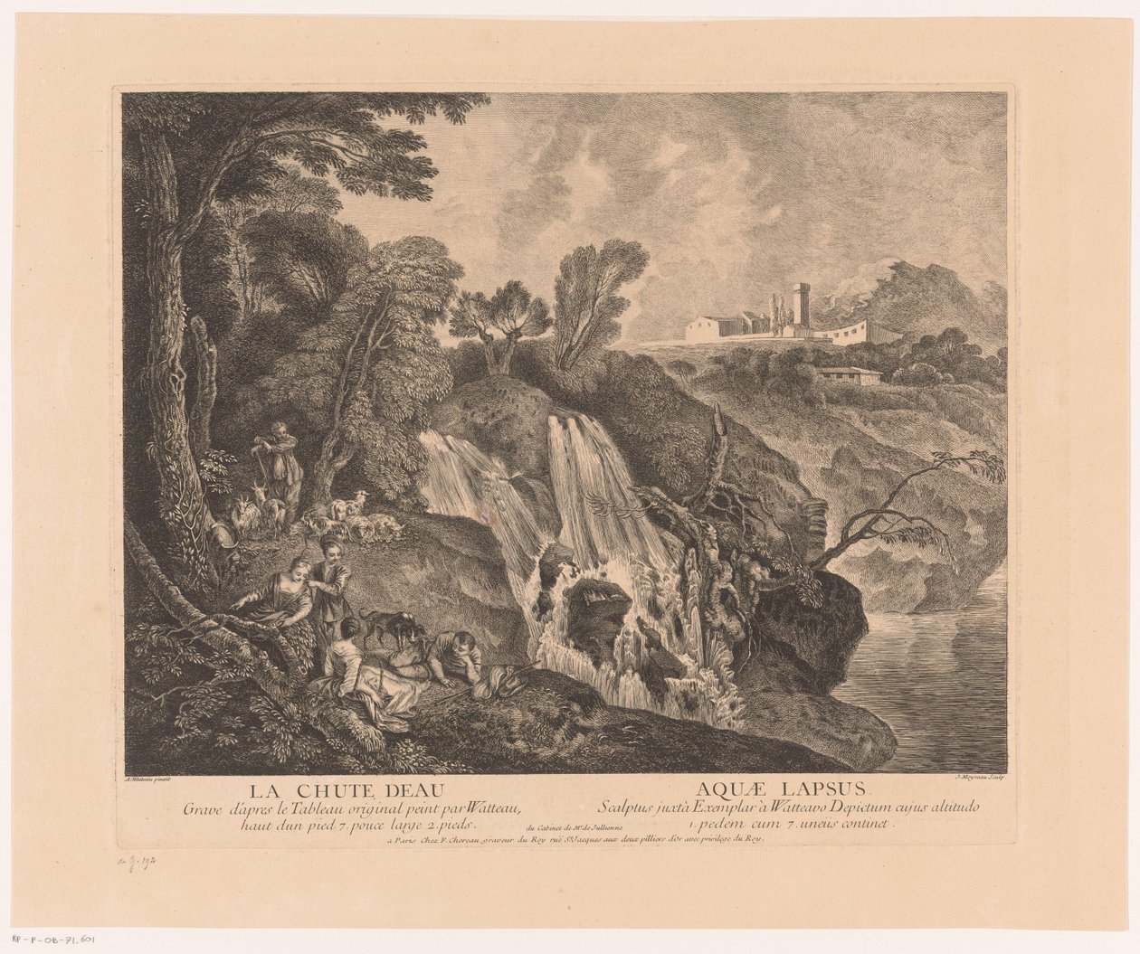 Rustende figuren bij een waterval Vodopád - Aquae Lapsus (název na objektu) Dílo Antoine Watteau (název série) Dílo Antoina Watteaua, malíře krále v jeho Královské akademii malířství a sochařství (...) (název série) od Jean Moyreau