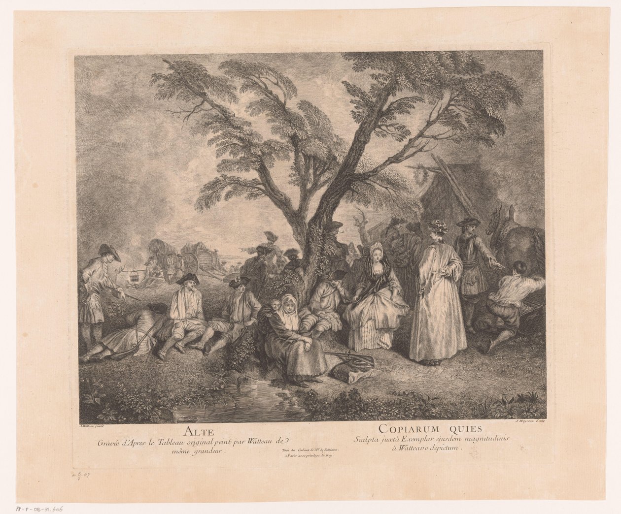 Rustende reizigers bij een halte Alte - Copiarum Quies (název na objektu) Dílo Antoine Watteau (název série) Dílo Antoina Watteaua, malíře krále v jeho Královské akademii malířství a sochařství (...) (název série) od Jean Moyreau