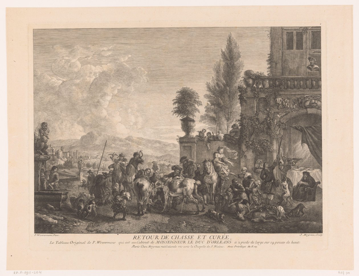 Vracející se lovecká skupina Vraťte chasse et curée (název na předmětu) Tisky po obrazech od Philipse Wouwermana (název série) Oeuvres de Ph.pe Wouwermans Hollandois (název série) od Jean Moyreau