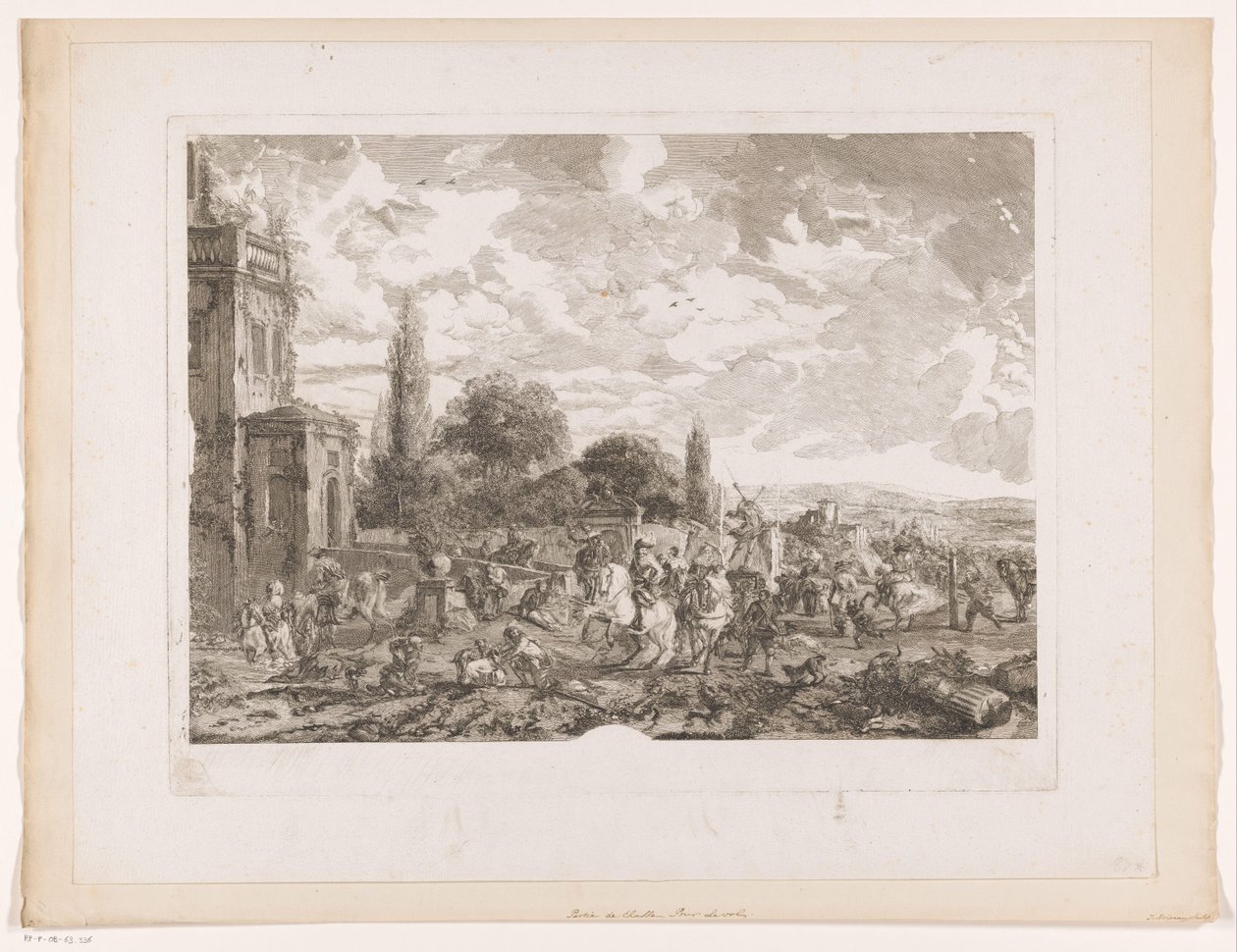 Odjíždějící lovecká skupina pro dům Partie de Chasse pour le Vol Tisky po obrazech od Philipse Wouwermana (název série) Oeuvres de Ph.pe Wouwermans Hollandois (název série) od Jean Moyreau