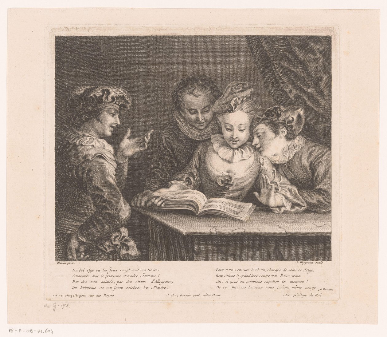 Mladá žena zpívá a tři mladí muži u stolu Autor: Antoine Watteau (název série) L