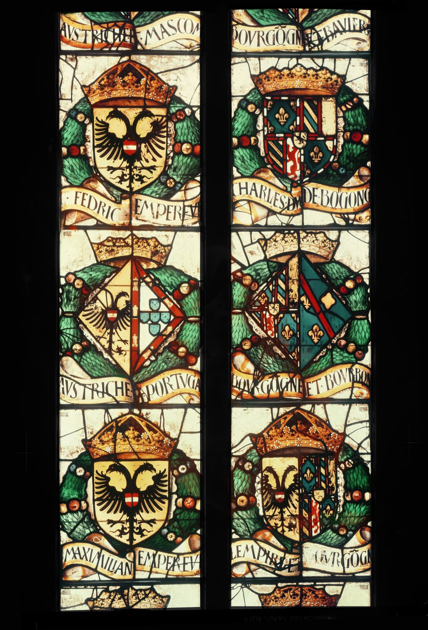 Heraldické erby královských rodin Rakouska, Německa, Francie a Portugalska spojených s donátorkou Markétou Rakouskou, 1527-29 od Jean Orquois Antoine Noisin
