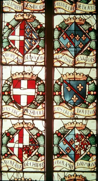 Heraldické erby spojené s Philibertem Savojským, manželem donátorky Markéty Rakouské od Jean Orquois Jean Brachon Antoine Noisin