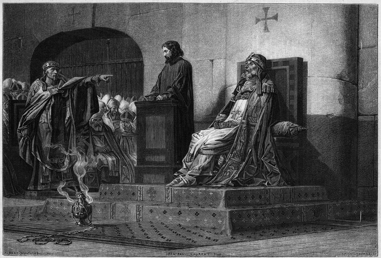 Papež Formosa a Štěpán VII. Kadaverický koncil, 897: mrtvola papeže Formosy (papež 891 až 896), v jeho pontifikálních šatech, ve srovnání s předsedou synodálního shromáždění papežem Štěpánem VI. nebo VII. (papežem 896 až 897), na počátku exhumace od Jean Paul (after) Laurens