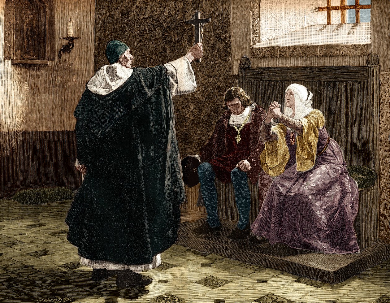Velký španělský inkvizitor Fray Tomas de Torquemada (1420-1498), mezi katolickými králi Ferdinandem II. a Isabelou 1. Kastilskou od Jean Paul (after) Laurens