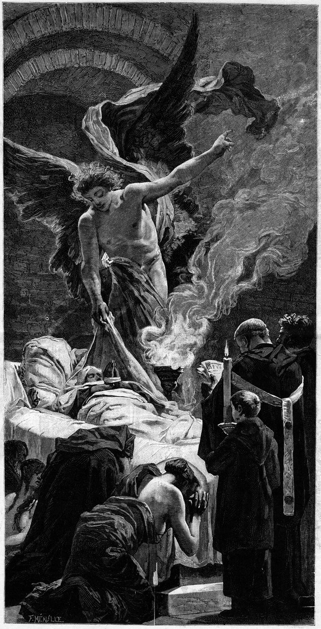 Proměnění svaté Genevieve. Rytina podle fresky Jean Paul Laurens (1838-1921) v Pantheonu v Paříži. V „The Illustrous World““ č. 1312 z 20. května od Jean Paul (after) Laurens