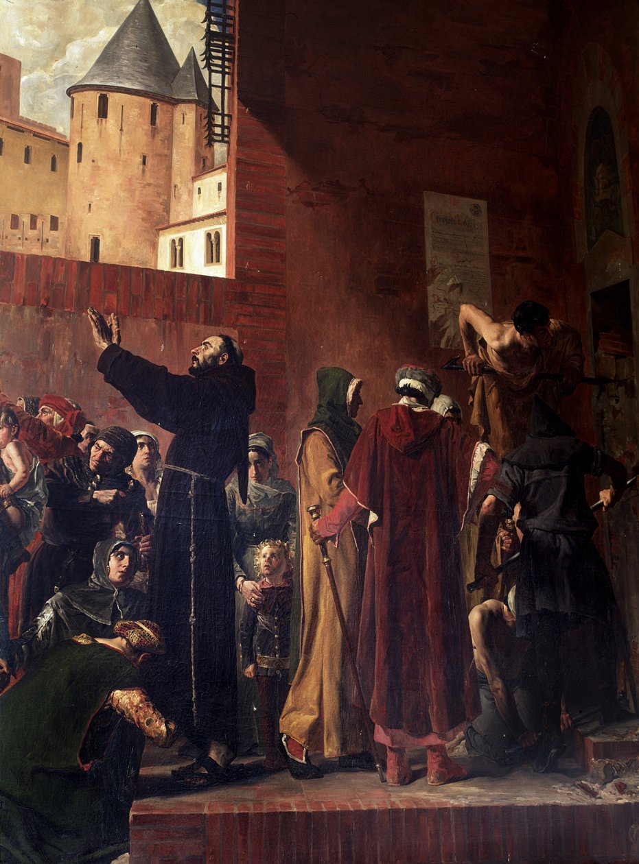 Delivrance des embmures de Carcassonne V srpnu 1303 přicházejí lidé z Carcassonne a Albi, aby vytrhli z inkvizičních žalářů mnoho vězňů, které obsahovali - Bernard Delicieux se snaží zadržet dav, který jeho projevy pobavily - The reforme od Jean Paul Laurens