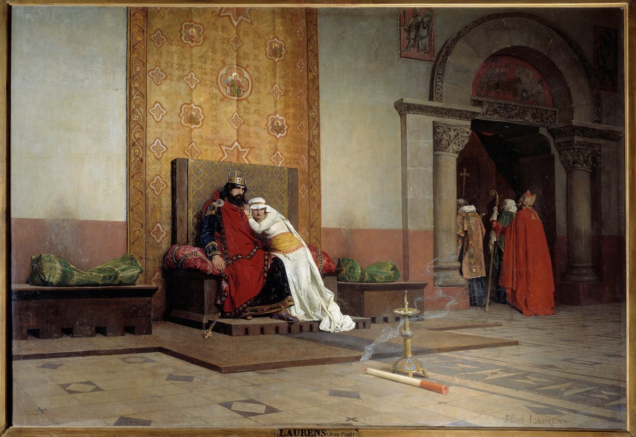 Exkomunikace Roberta II. Pobožného v roce 998. Francouzský král, syn Huguese Capeta, se zamiluje a ožení se se svou sestřenicí Berthe Burgundskou navzdory odsouzení papeže Gregoire V., který ho také exkomunikuje. Obraz Jean Paul Laurens (1838 - 19 od Jean Paul Laurens