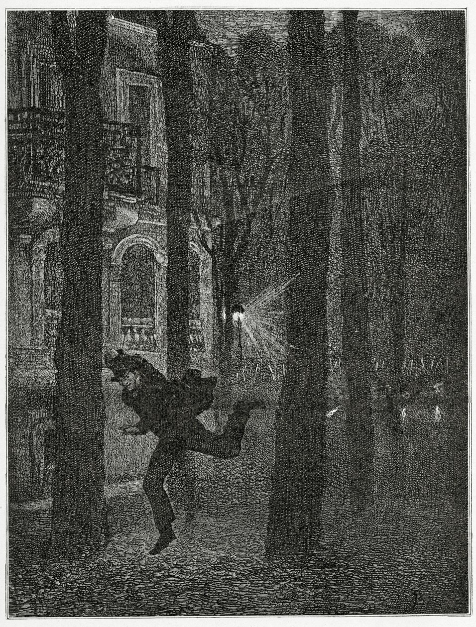 Prchající vězeň - ilustrace z Histoire d’un crime, 19. století (č. rytina) od Jean Paul Laurens