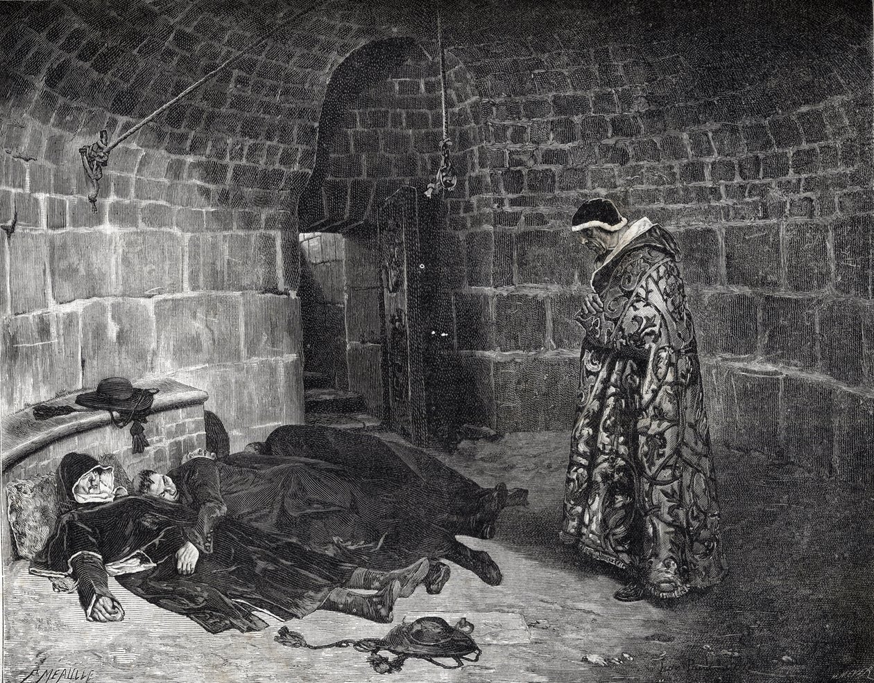 Pomsta papeže Urbana VI. (1318-1389) - Pomsta papeže Urbana VI. (mučení a mizení vlastních kardinálů) - rytina Laurense - od Jean Paul Laurens