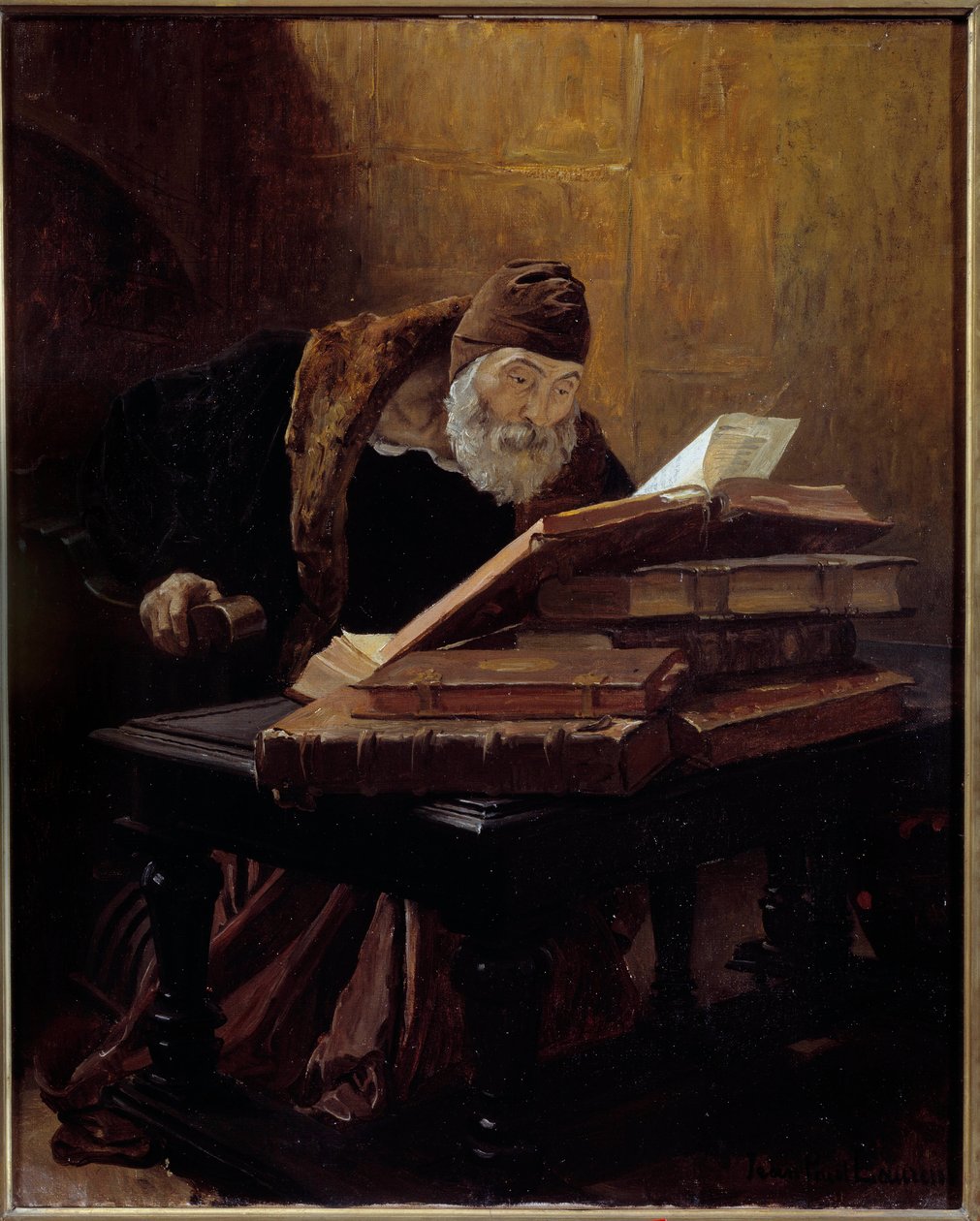 Starý vědec. Obraz Jean Paul Laurens (1838-1921) 1889. Olej na plátně. Rozměr: 0,60 x 0,48 m. Toulouse, Musee Des Augustins - Starý vědec nebo Alchymista. Obraz Jean Paul Laurens (1838-1921) od Jean Paul Laurens