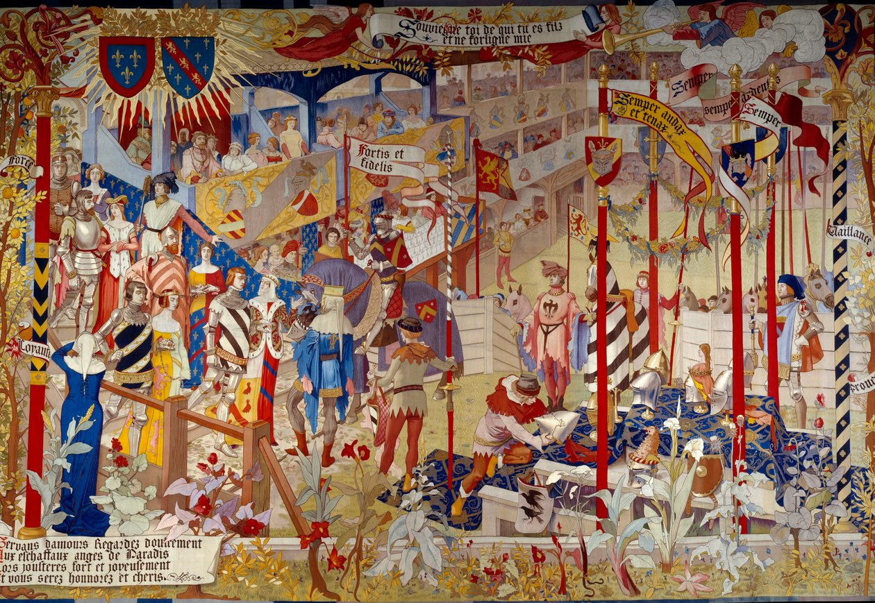 Turnajová scéna na konci 14. století. Tapestry des Gobelins k výzdobě veřejné síně Archives Nationales v Paříži kartonem namalovaným umělcem Jean-Paul Laurensem (1838-1921). od Jean Paul Laurens