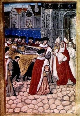 F.28r Příjezd těla vévodkyně královny a přijetí kardinálem Filipem Lucemburským, z popisu pohřbu Anny Bretaňské (1477-1514) 1515 od Jean Perreal