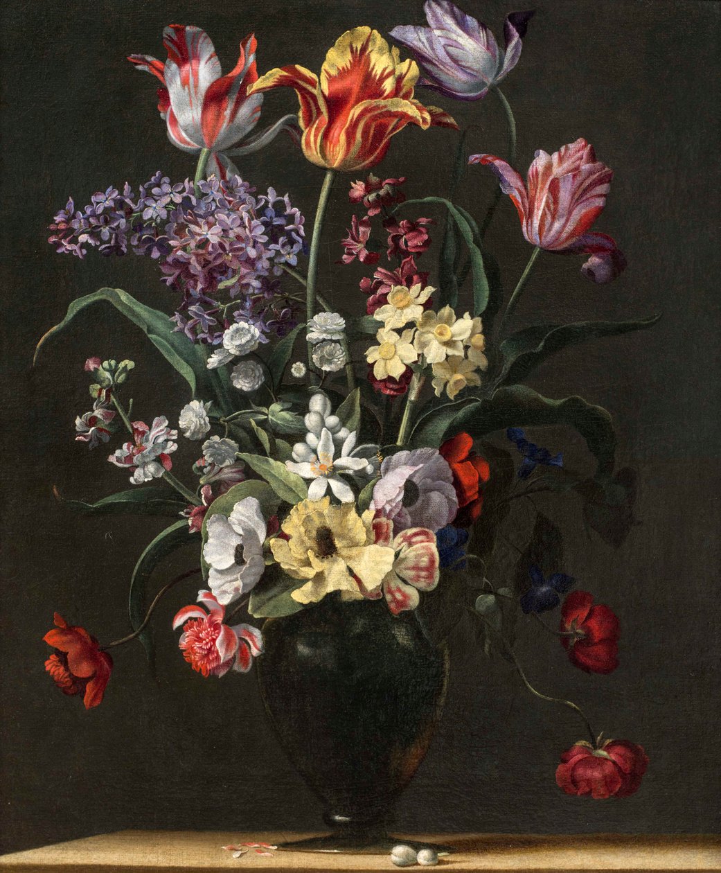 Tulipány, lilie, narcisy, šeříky a další květiny ve skleněné váze na dřevěné římse, jeden z páru, 17. století od Jean Picart