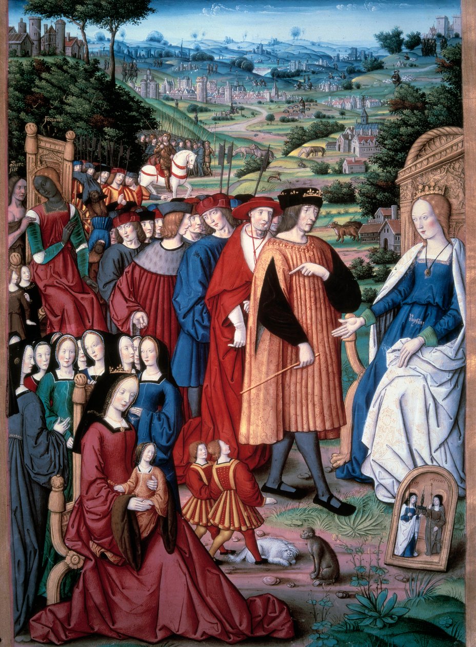 Alegorie: rozum a člověk. Francouzský král Ludvík XII. (1462-1515) postupuje k důvodu, který navrhuje jeho manželku královnu Annu Bretaňskou (1477-1514). Miniatura od Jean Pichore v „“ Opravné prostředky proti jednomu a dalšímu bohatství. De remediis utriu od Jean Pichore