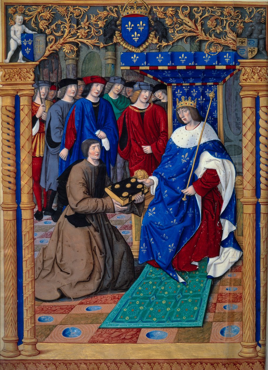 Francesco Petrarca neboli Petrarca představuje svou knihu francouzskému králi Ludvíku XII. Miniatura v ""Prostředky proti oběma bohatstvím. De remediis utriusque fortunae"" od Petrarky (1304-1374) a osvětlené Jeanem Pichore kolem roku 1503. Paříž, NL od Jean Pichore