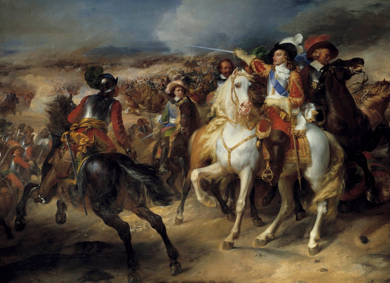 Třicetiletá válka (1618-1648): „“ Ludvík II. Bourbonský, princ z Conde (Bourbon-Conde) (Grand Conde) (1621-1686) v bitvě u Lens, 20. srpna 1648, vítězství nad Španěly pod velením Arcivévoda Leopold”” Zastoupení Ludvíka II. Bourbonského, 4. pr od Jean Pierre Franque