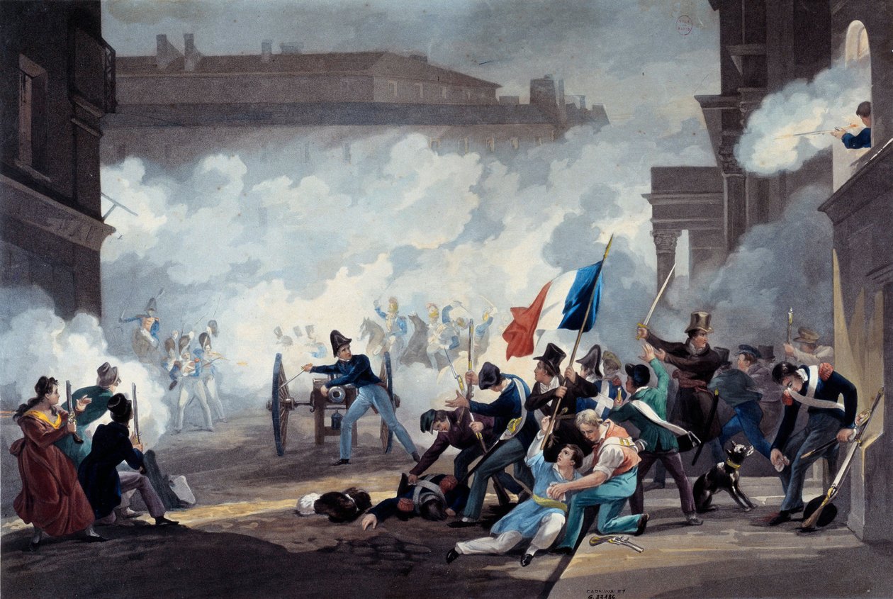 Revoluce roku 1830: Student Ecole Polytechnique se zmocnil kusu děla při dobytí Palais-Royal 28. července od Jean Pierre Marie Jazet