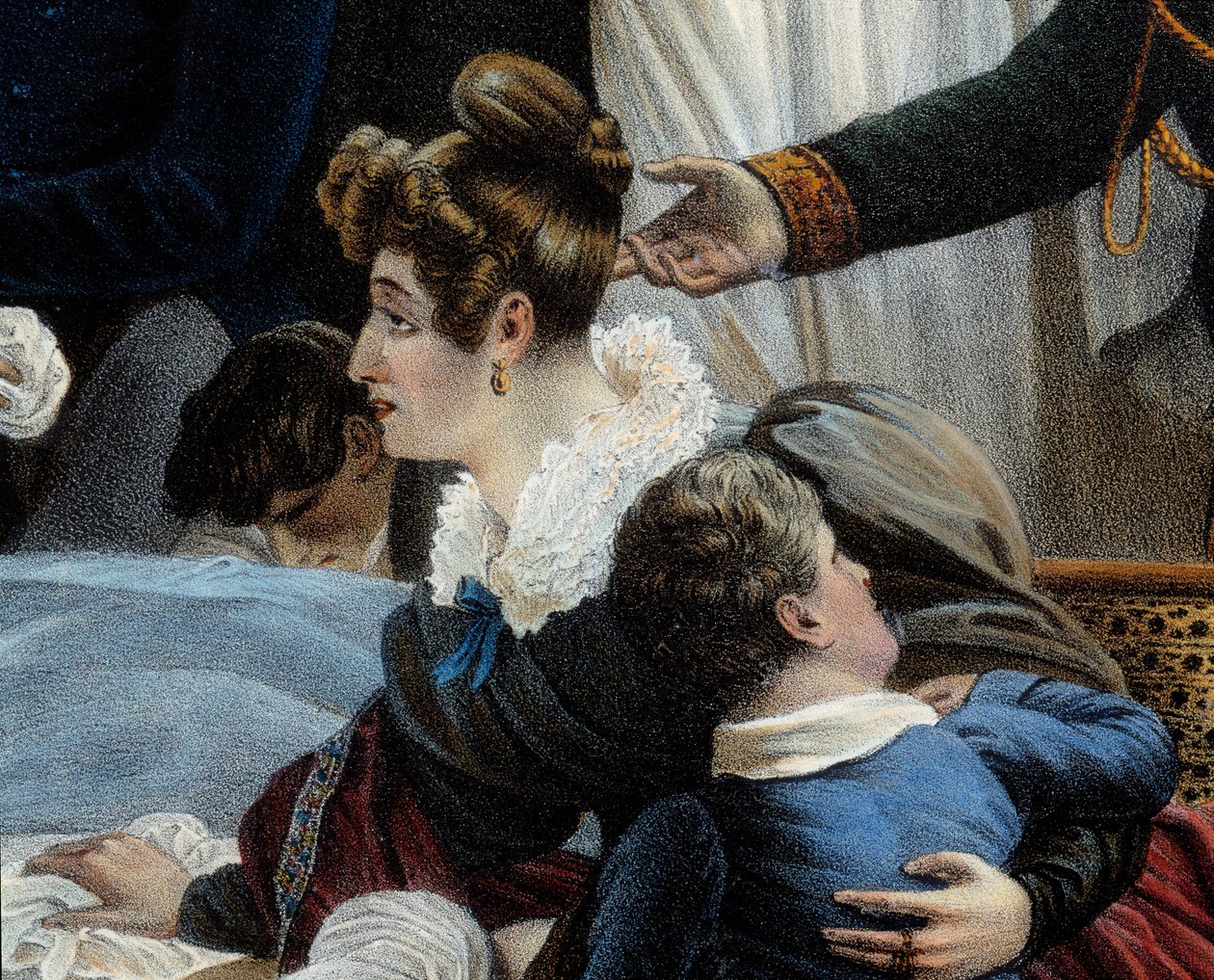 Smrt Napoleona, 5.5.1821 v Saint Helenedetail představující Fanny Bertrand, manželku Henriho Gatiena Bertranda (1773-1844). Litografie Jeana Pierra Marie Jazeta (1788-1871) podle obrazu Charlese Auguste Steubena (1788-1856) Malmaisona. Zámek od Jean Pierre Marie Jazet