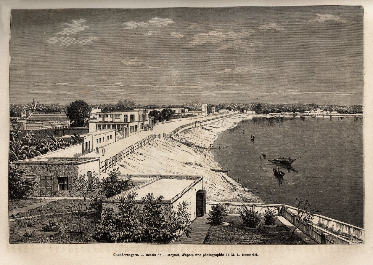 Chandernagor (dnešní Chandannagar, v Západním Bengálsku), na břehu Gangy, rytina podle kresby J. Moyneta, ilustrující cestu Rajahů v Indii, v letech 1864-1868, Louis Rousselet, publikováno v „“ Le tour du monde”” 1874, vyd od Jean Pierre Moynet