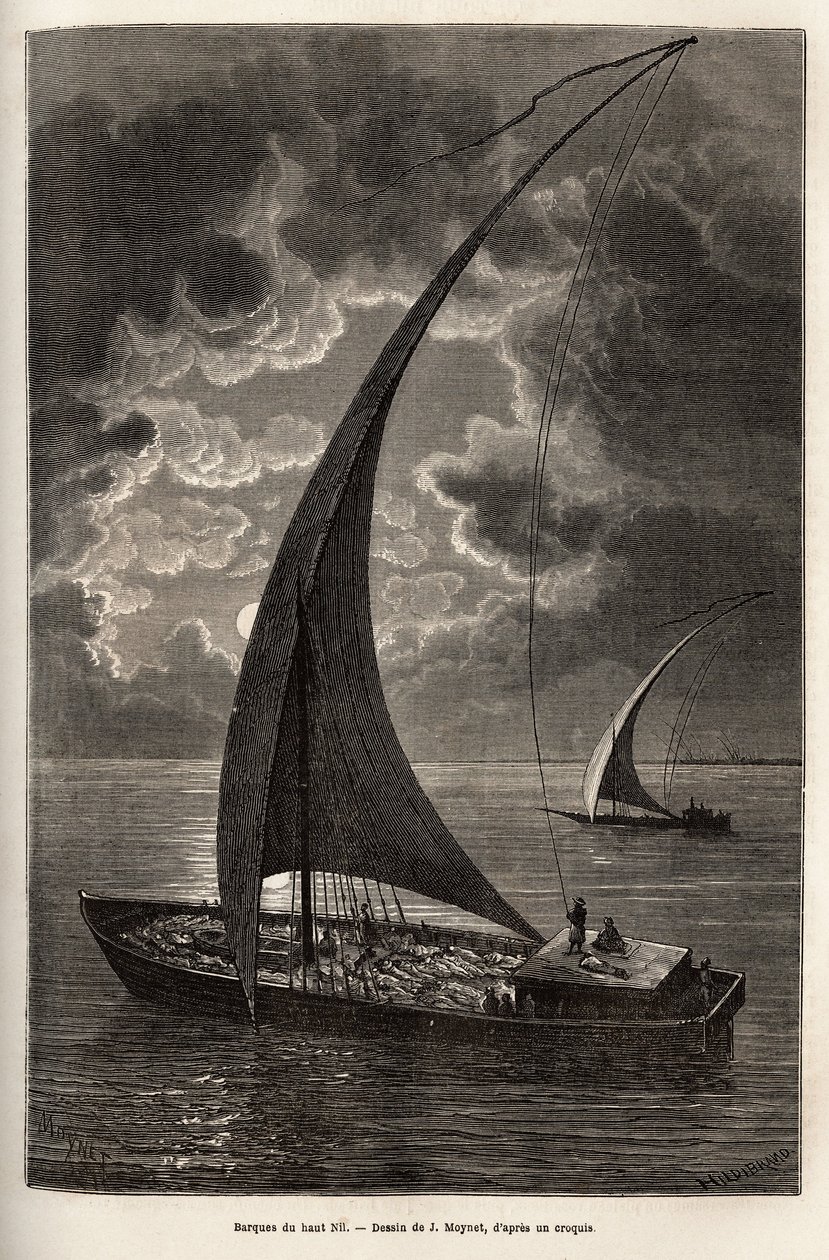 Les barques du haut Nile, omezená posádka a cestující spí na palubě, v měsíčním světle, rytina podle kresby J. Moyneta, znázorňující cestu do srdce Afriky v letech 1868-1871, od Dr. Georgese Schweinfurtha, publikováno v „“ Le tour du monde”” 1874, ed od Jean Pierre Moynet