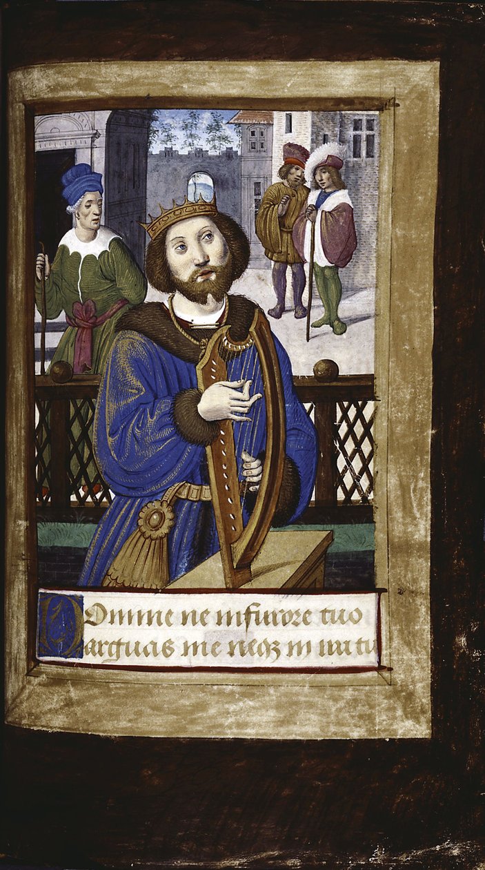 Král David hrající na harfu z Lettres bâtardes, asi 1490-1510 od Jean Poyet
