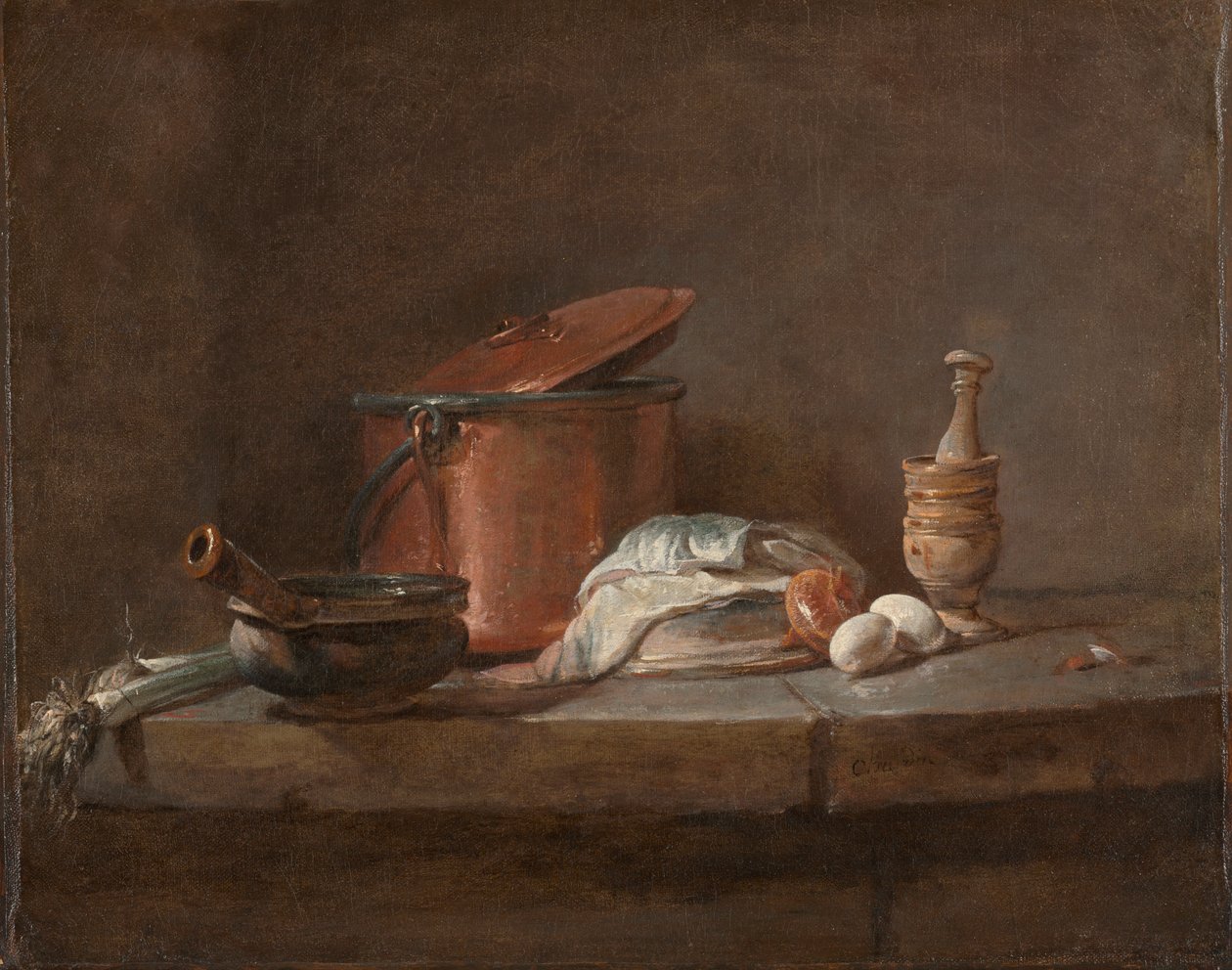Kuchyňské náčiní s pórkem, rybami a vejci od Jean Baptiste Simeon Chardin