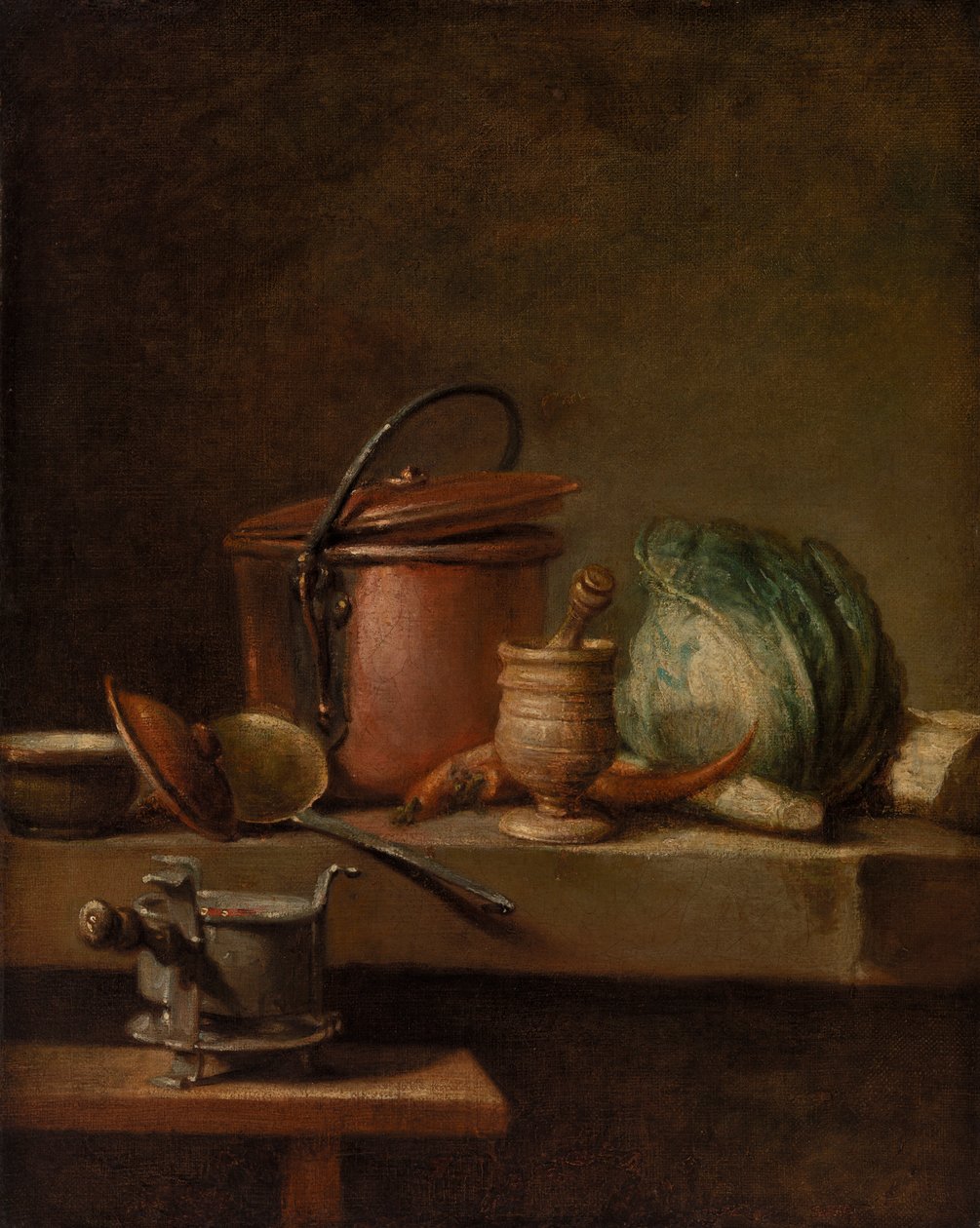 Zátiší s měděným hrncem, zelím, paličkou a sporákem od Jean Baptiste Simeon Chardin
