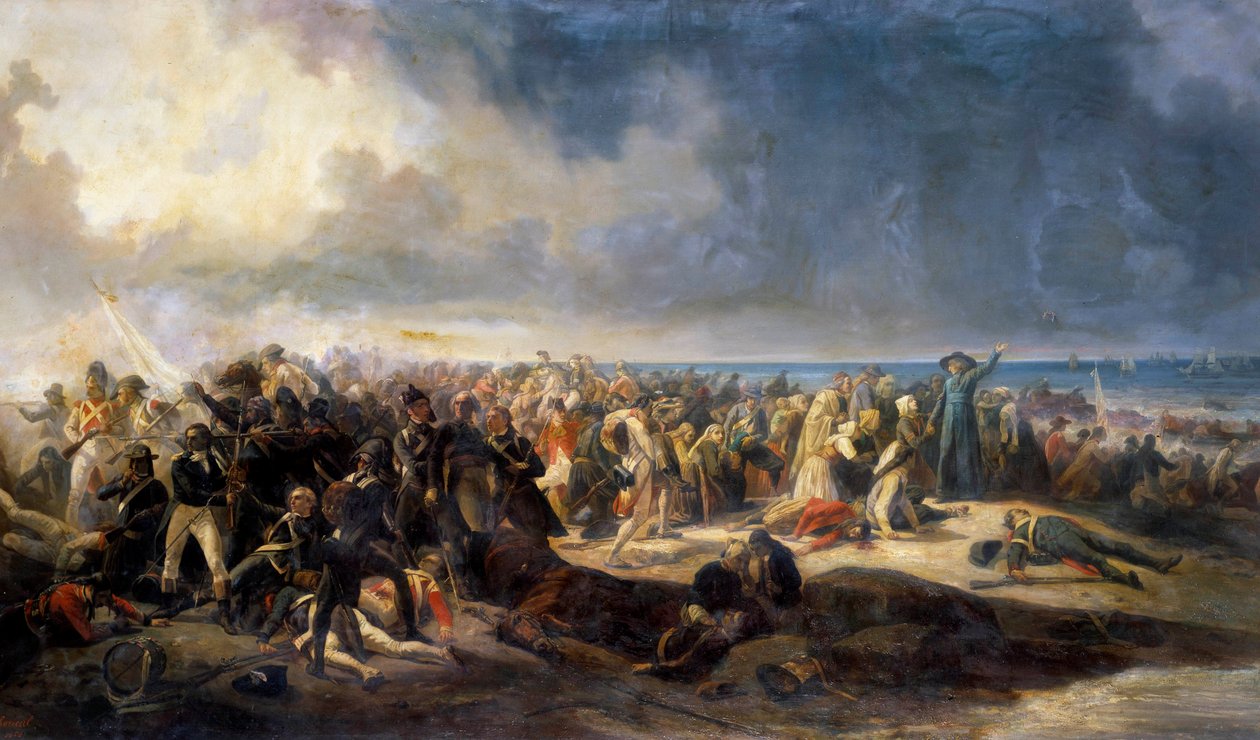 Války Vendee: „Bitva o Quiberon““ Generál Lazare Hoche zabránil 21. 7. 1795 pokusu vylodit royalistické emigranty spojené s chouany. Obraz Jean Soreuil (1824-1871) 1850 Arras, Musee Des Beaux Arts od Jean Soreuil