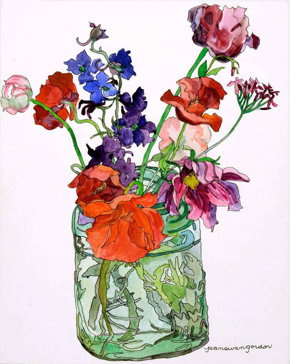 Delphiniums, Poppies  Others in Jar, 2011 (akvarel a tuš na papíře) od Jean Swan Gordon