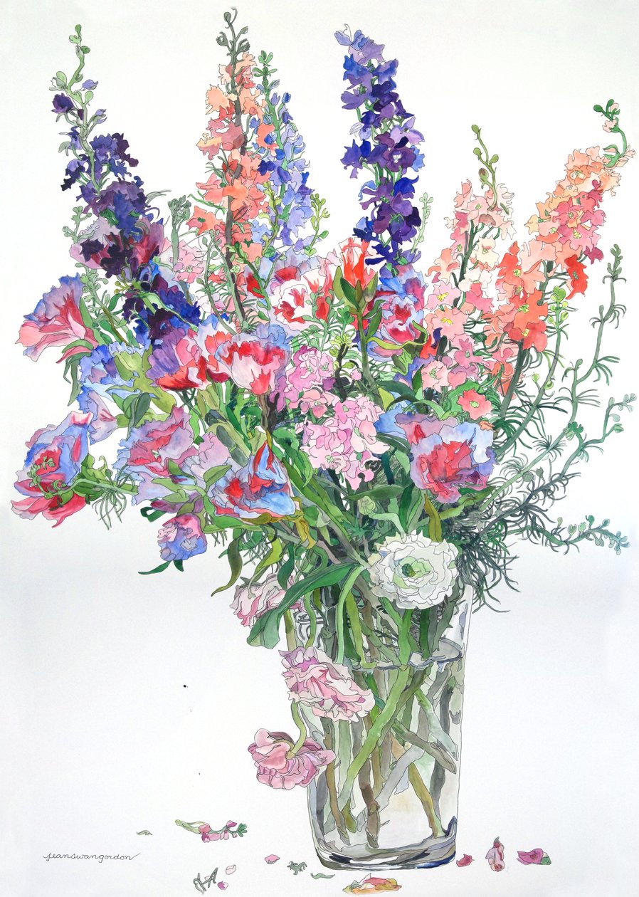 Ranunculus, Godetia, Delphiniums, 2000 (akvarel a tuš na papíře) od Jean Swan Gordon