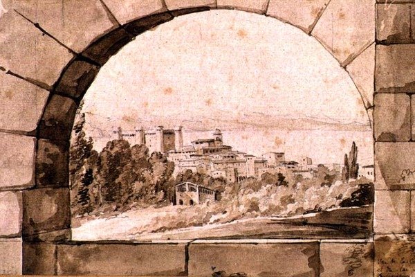 Pohled na město a jezero Bracciano, kolem roku 1810 (pero a sépiový inkoust se sépiovým mytím na papíře) od Jean Thomas Thibault
