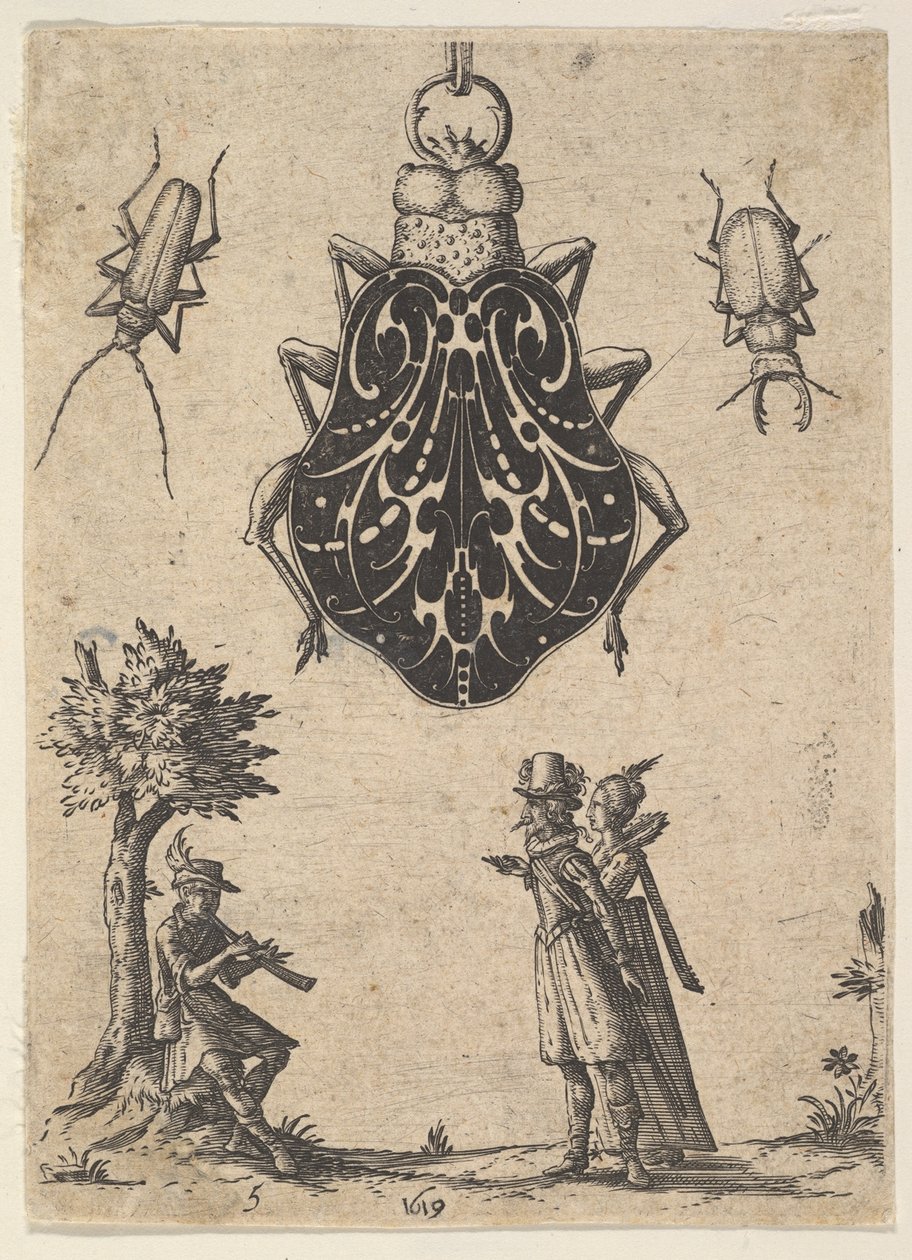 Přívěsek ve tvaru brouka s párem a mladým mužem hrajícím na nástroj, 1619. od Jean Toutin