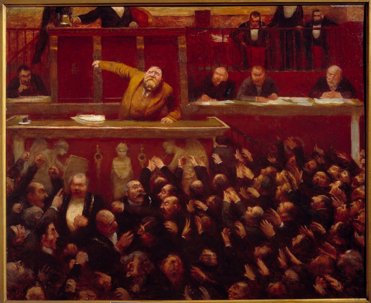 Socialistický poslanec Jean Jaures (1859-1914) na tribuně Poslanecké sněmovny Obraz Jeana Vebera (1868-1928) 1903 Paříž, muzeum Carnavalet - Francouzský socialistický vůdce Jean Jaures (1859-1914) v projevu na tribuně sněmovny poslanců. Pa od Jean Veber