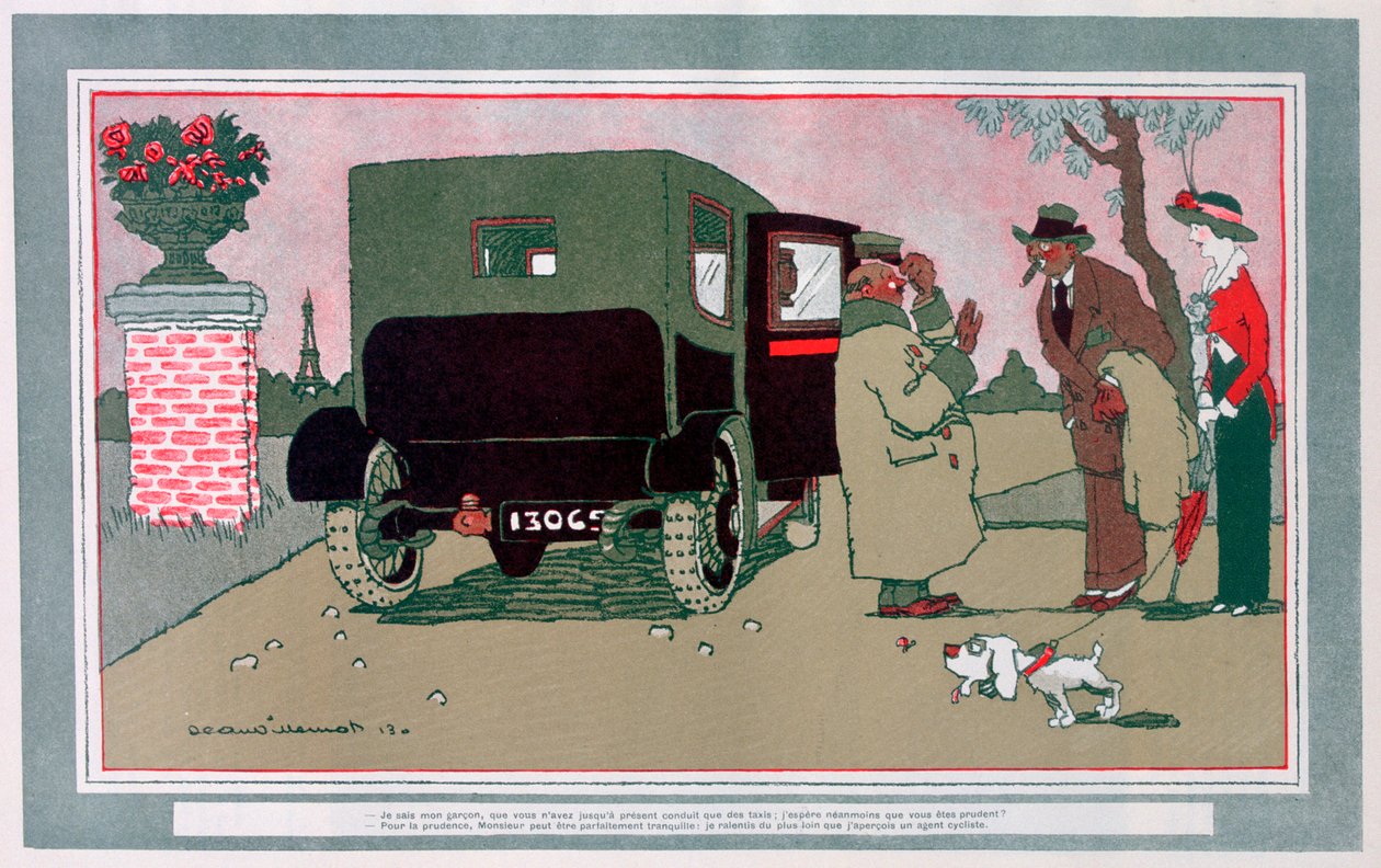 „Nový řidič“, francouzská motoristická karikatura, 1913 od Jean Villemot