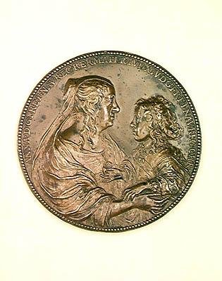 Nadační medaile Val-de-Grace. Verso zobrazující Annu Rakouskou (1601-66) a jejího syna Ludvíka XIV. (1638-1715) 1638 (bronz) od Jean Warin