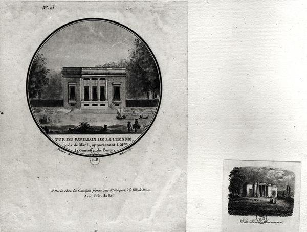 Pohled na pavilon v Louveciennes, který postavil Claude-Nicolas Ledoux (1736-1806) pro Madame du Barry (wc na papíře) od Jean Testard