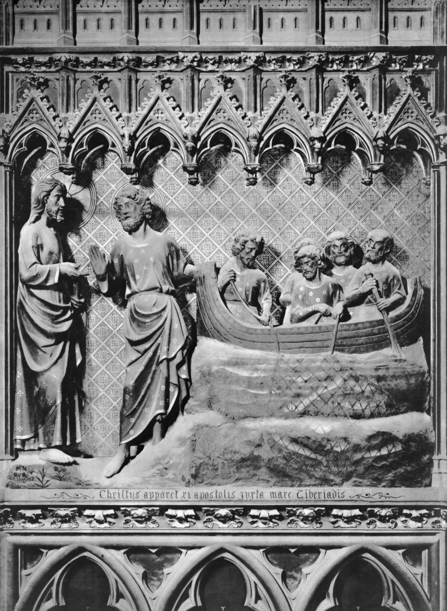 Katedrála, interiér, chórové plátno, Ježíš Kristus zjevující se na Tiberiadském jezeře, zázračný tah ryb, kolem 1340-51 (polychromovaný kámen) od Jean and Jean Le Boutellier Ravy