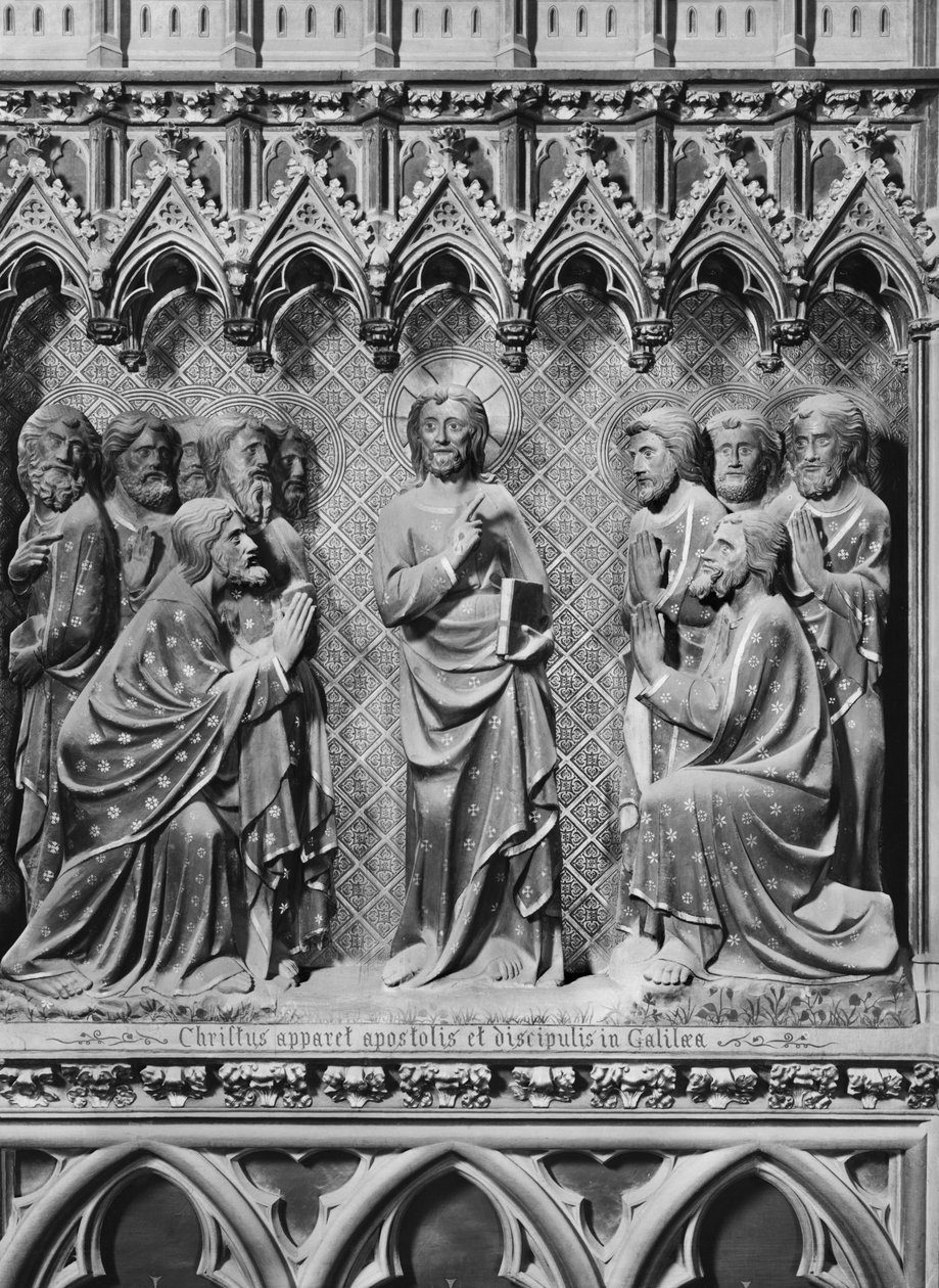 Katedrála, interiér, chórové plátno, Ježíš Kristus se zjevuje apoštolům a učedníkům v Galileji, kolem 1340-51 (polychromovaný kámen) od Jean and Jean Le Boutellier Ravy