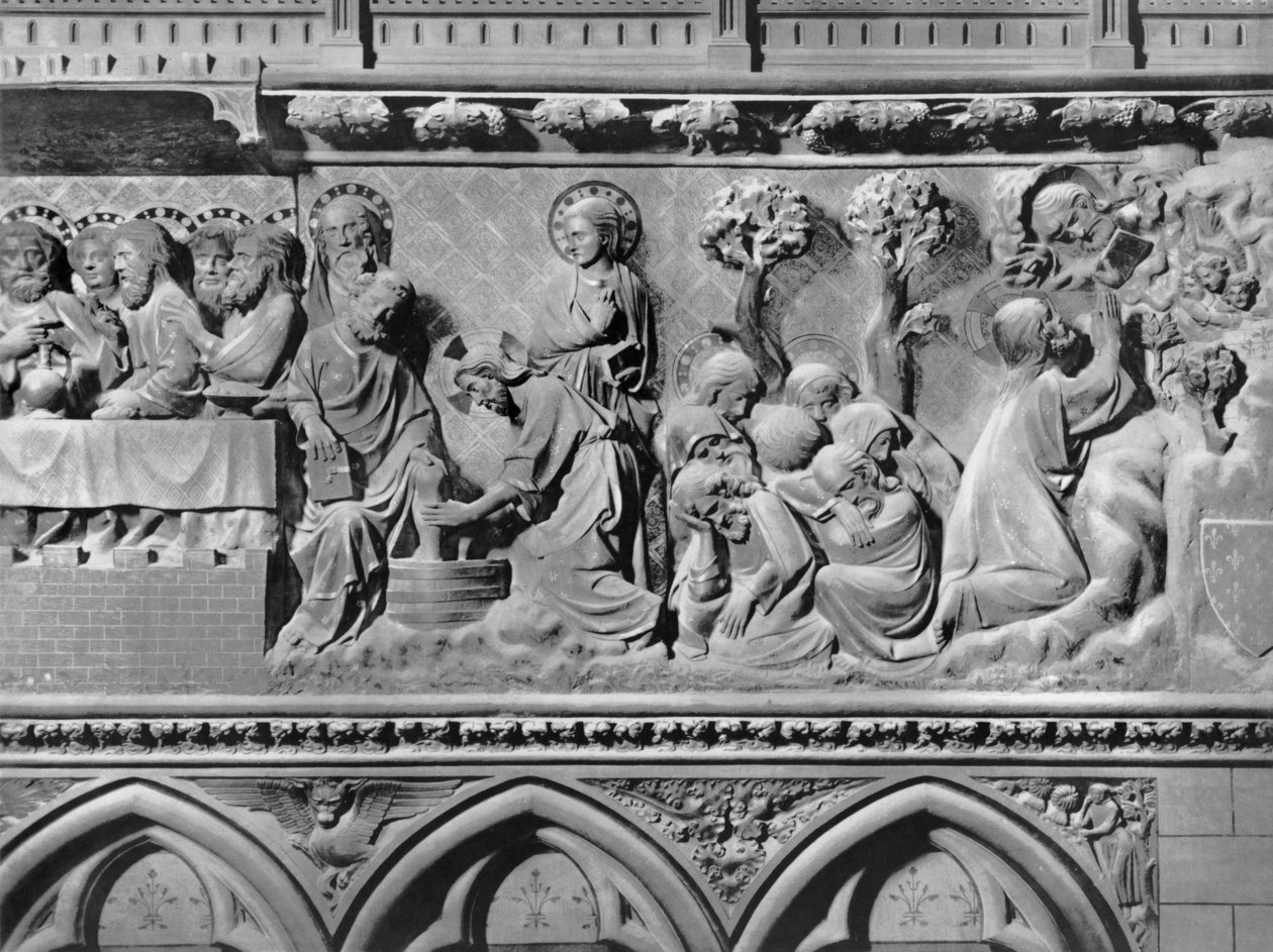 Katedrála, interiér, chórové plátno, Poslední večeře, Ježíš Kristus umývá nohy apoštolům, Kristus v Olivové zahradě, cca 1340-51 (polychromovaný kámen) od Jean and Jean Le Boutellier Ravy