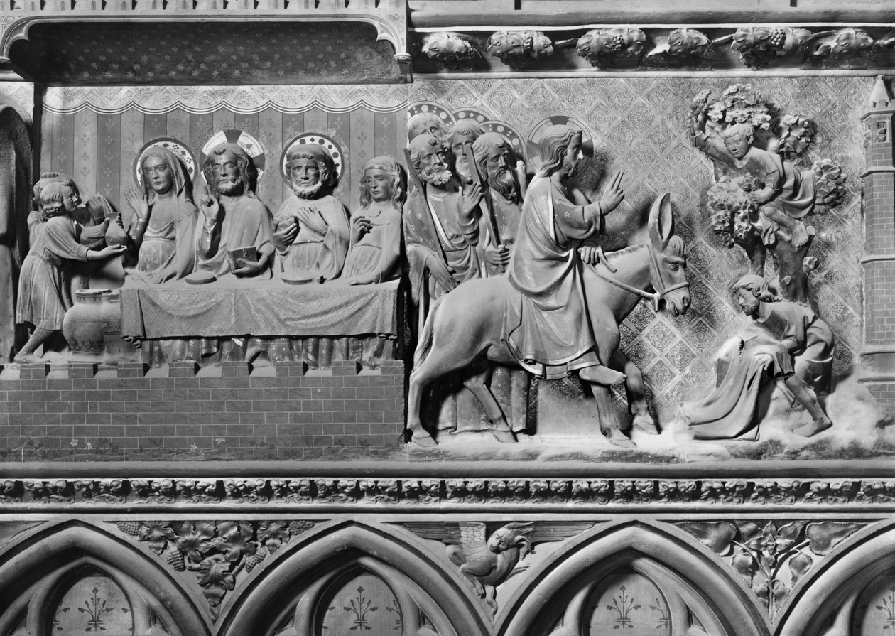 Katedrála, interiér, chórové plátno, Sňatek v Káně, Vjezd Krista do Jeruzaléma, cca 1340-51 (polychromovaný kámen) od Jean and Jean Le Boutellier Ravy
