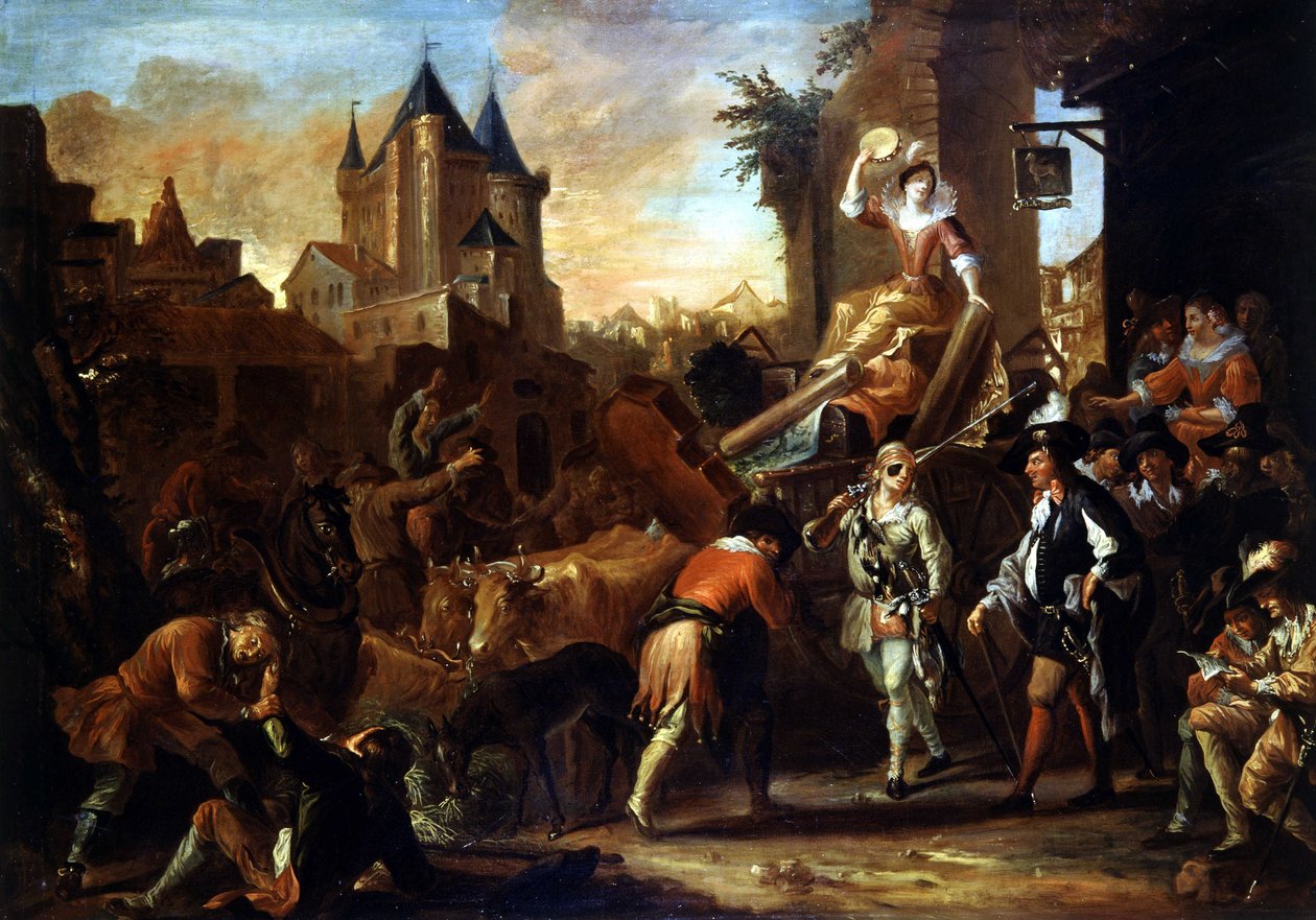 Příjezd komiků do Le Mans Painting ilustrující „The Comic Roman““ od Paula Scarrona (1610-1660). Obraz Jean-Baptiste (Jean Baptiste) Coulom (nebo Coulon) (asi 1695-1735) od Jean de Coulom